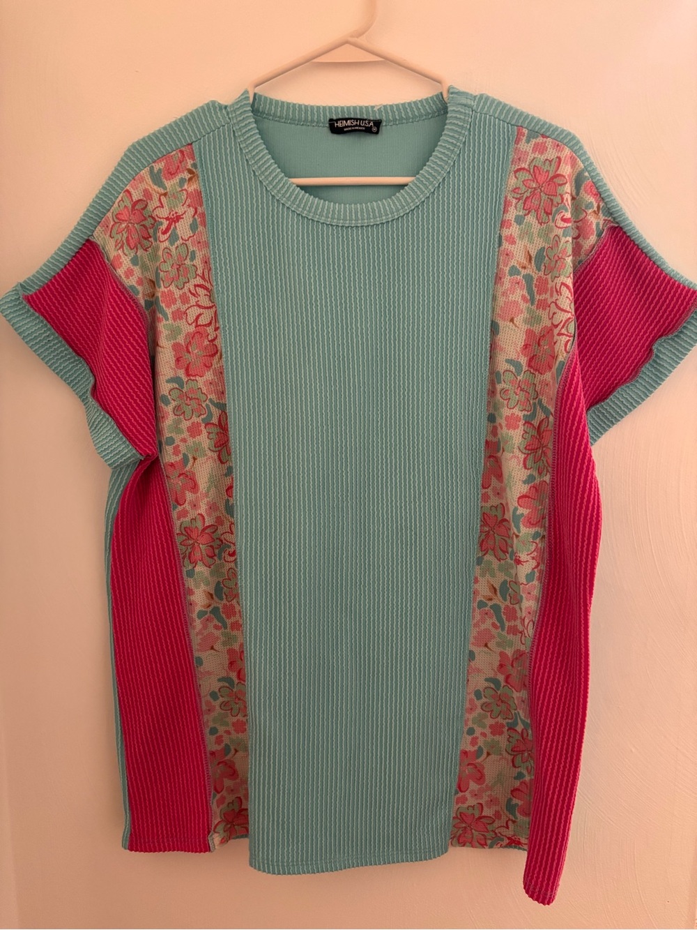 Hemish Remi & Rose Aqua and Pink Floral-Panel Short Sleeve Knit Top